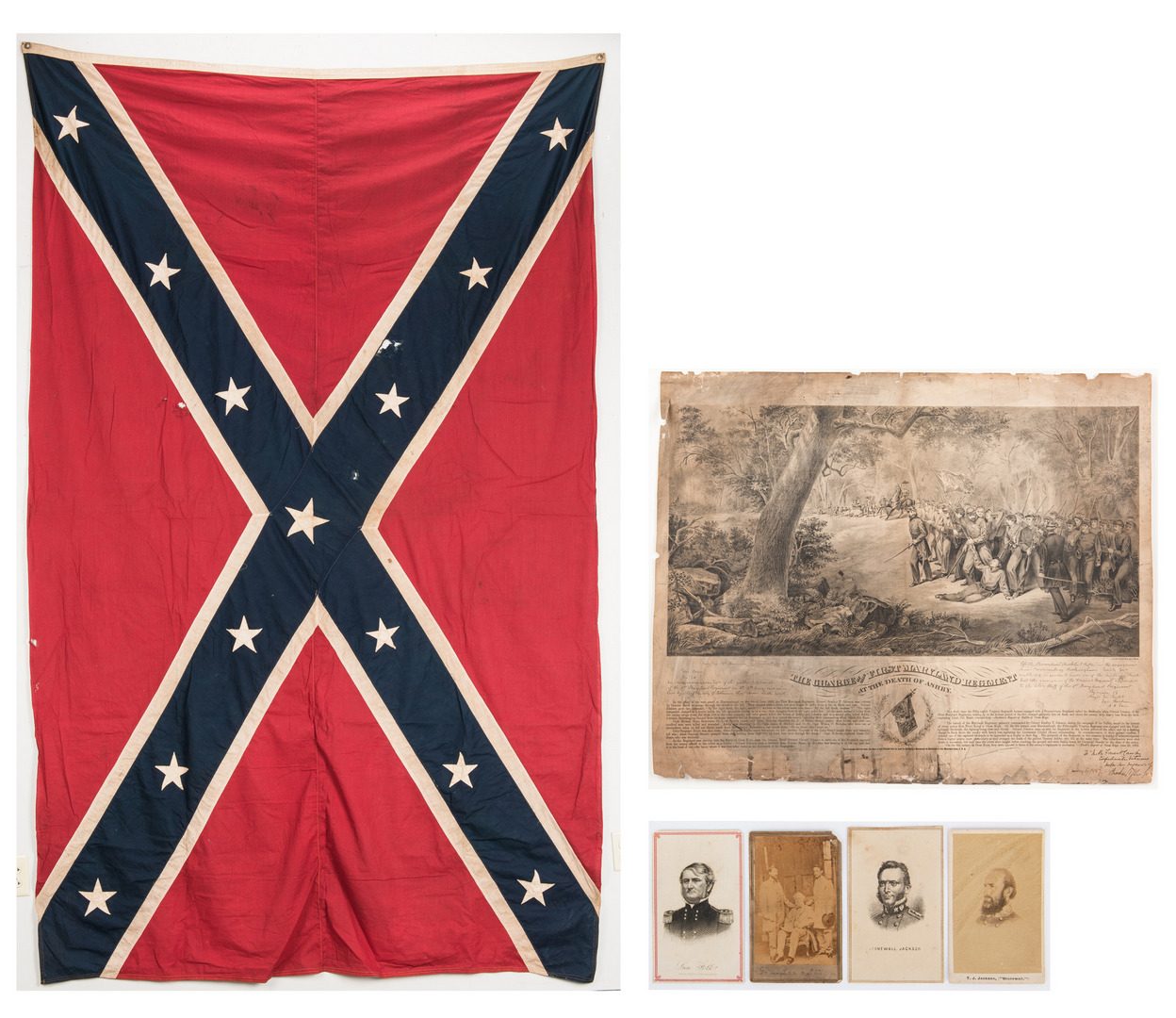 Lot 385: Civil War related CDVs, Signed Litho, Flag
