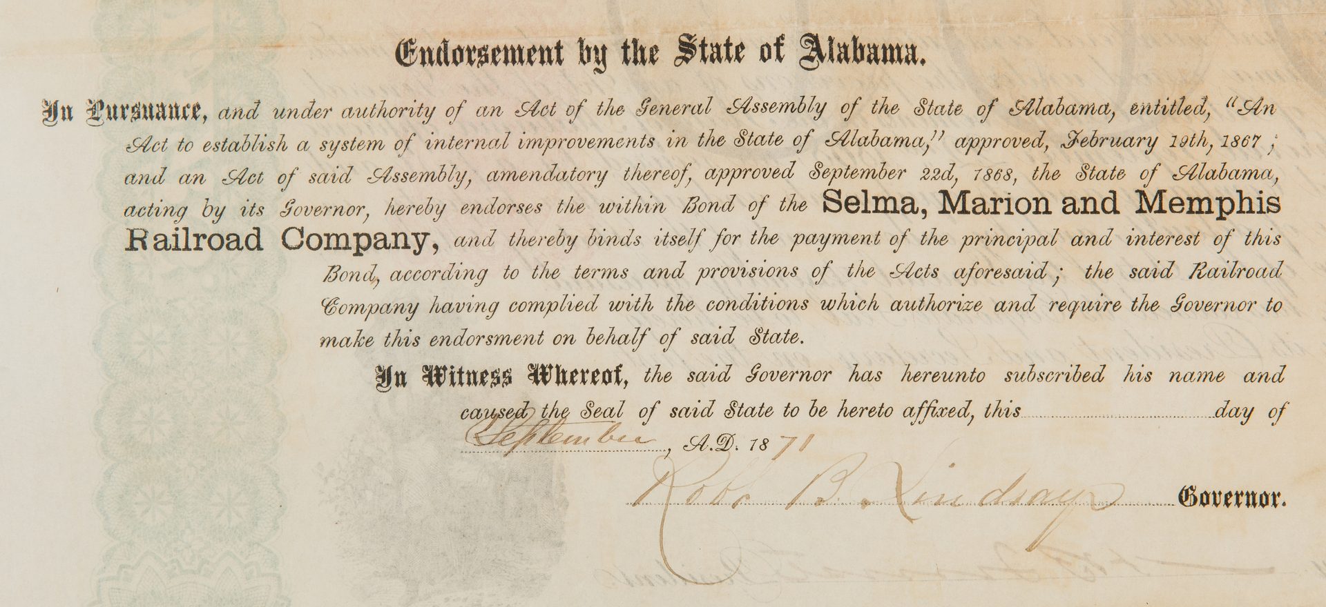 Lot 387: N.B. Forrest Signed Selma Marion Memphis Railroad $1000 Bond, 1869