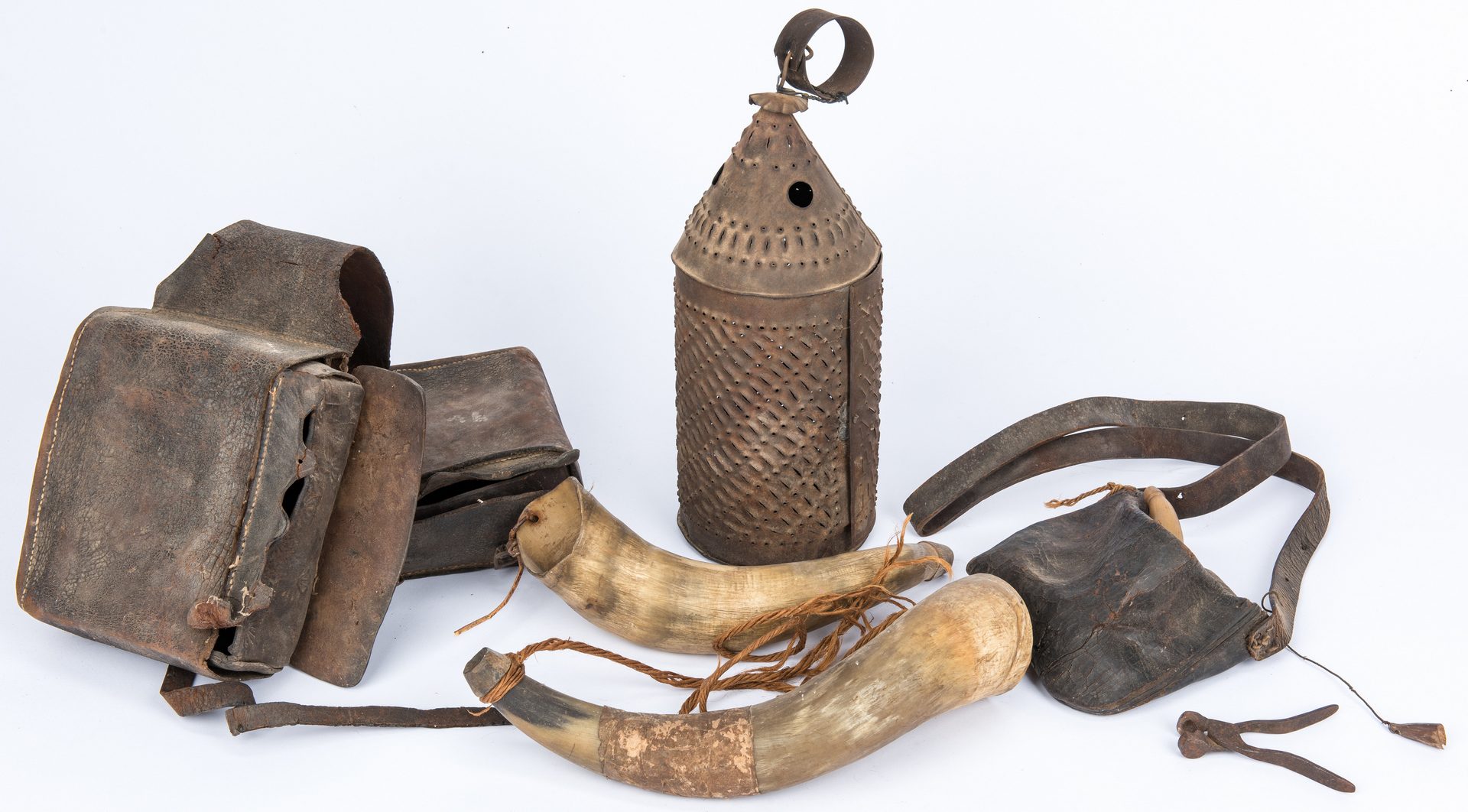 Lot 400: Grouping of Early Frontier Accessories, incl. Punched Lantern, Saddlebags