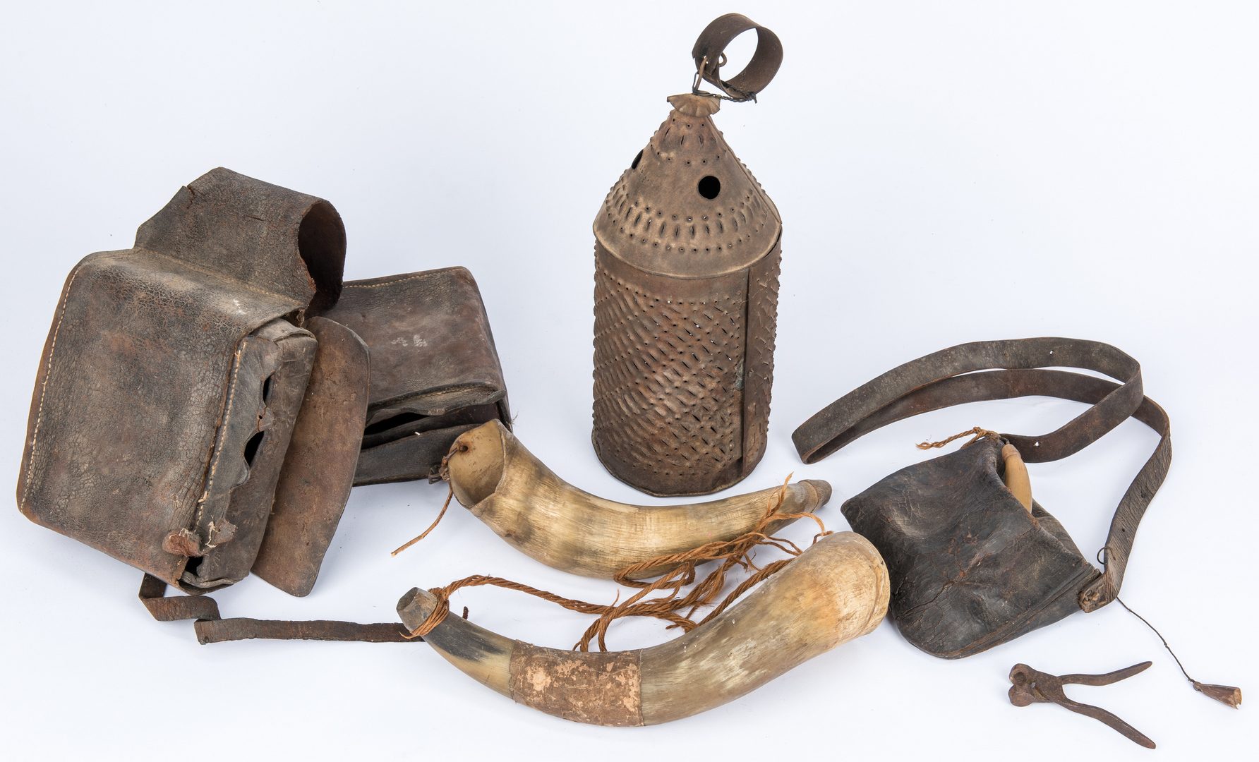Lot 400: Grouping of Early Frontier Accessories, incl. Punched Lantern, Saddlebags