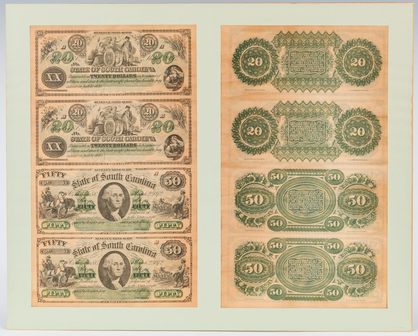 Lot 416: 2 Uncut Sheets of 1872 SC Revenue Bond Scrip