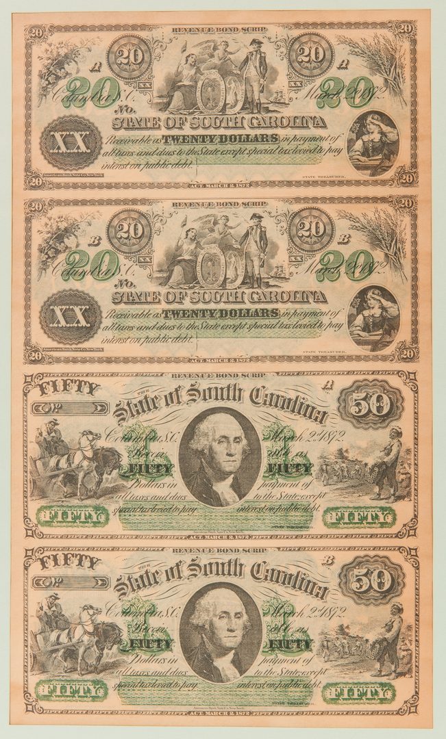 Lot 416: 2 Uncut Sheets of 1872 SC Revenue Bond Scrip
