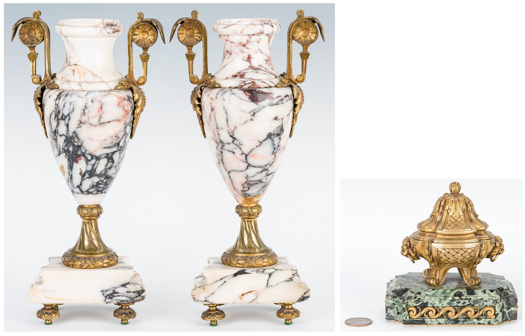 Lot 75: Pair Marble Gilt Bronze Urns & Gilt Bronze Inkwell