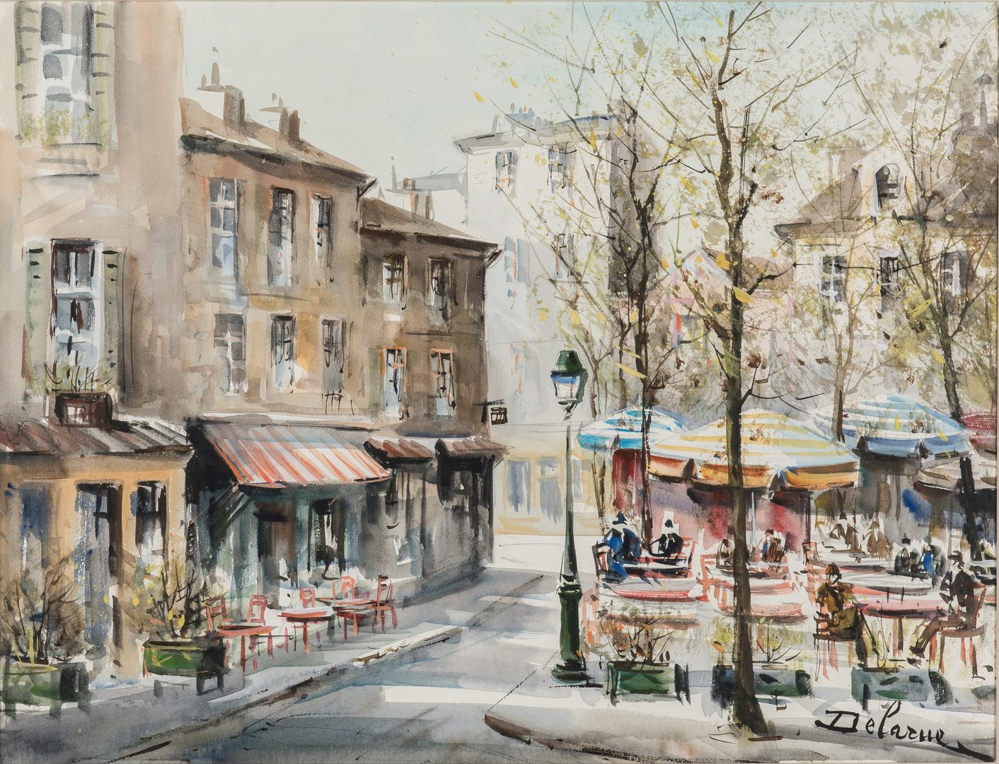 Lot 79: Lucien Delarue Watercolor Parisian Street Scene w/ Cafe