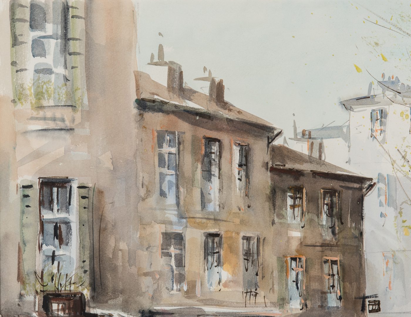 Lot 79: Lucien Delarue Watercolor Parisian Street Scene w/ Cafe