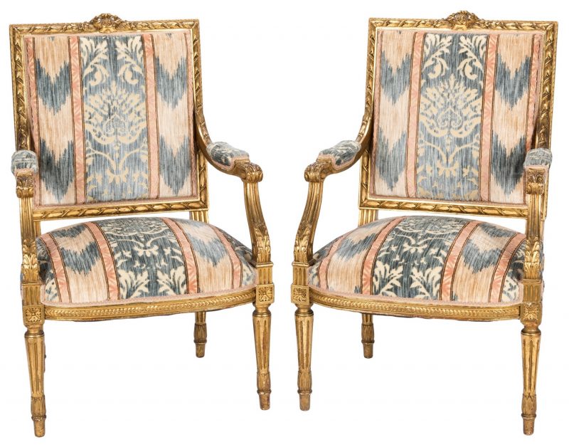 Lot 89: Pr. French Louis XVI Style Gilt Carved  Armchairs