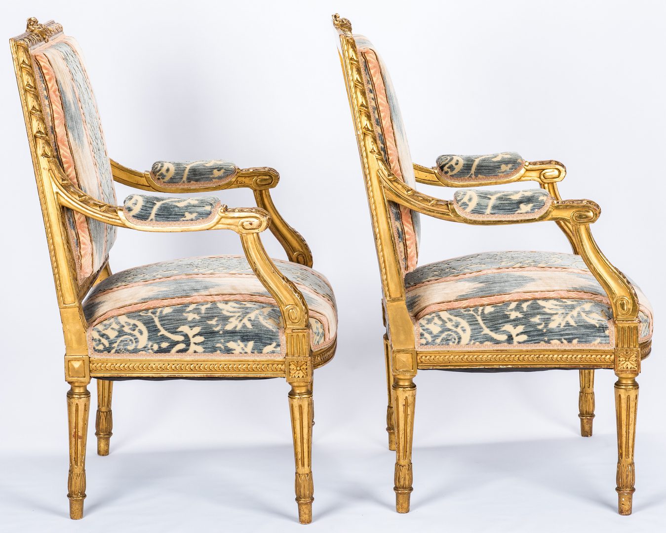 Lot 89: Pr. French Louis XVI Style Gilt Carved  Armchairs