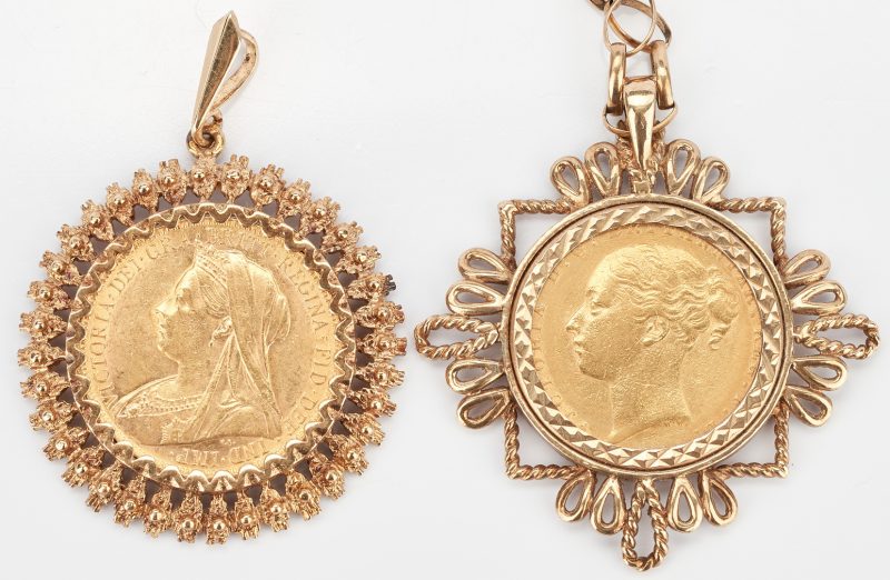 Lot 1002: 2 Yellow Gold Pendants w/ British Sovereigns
