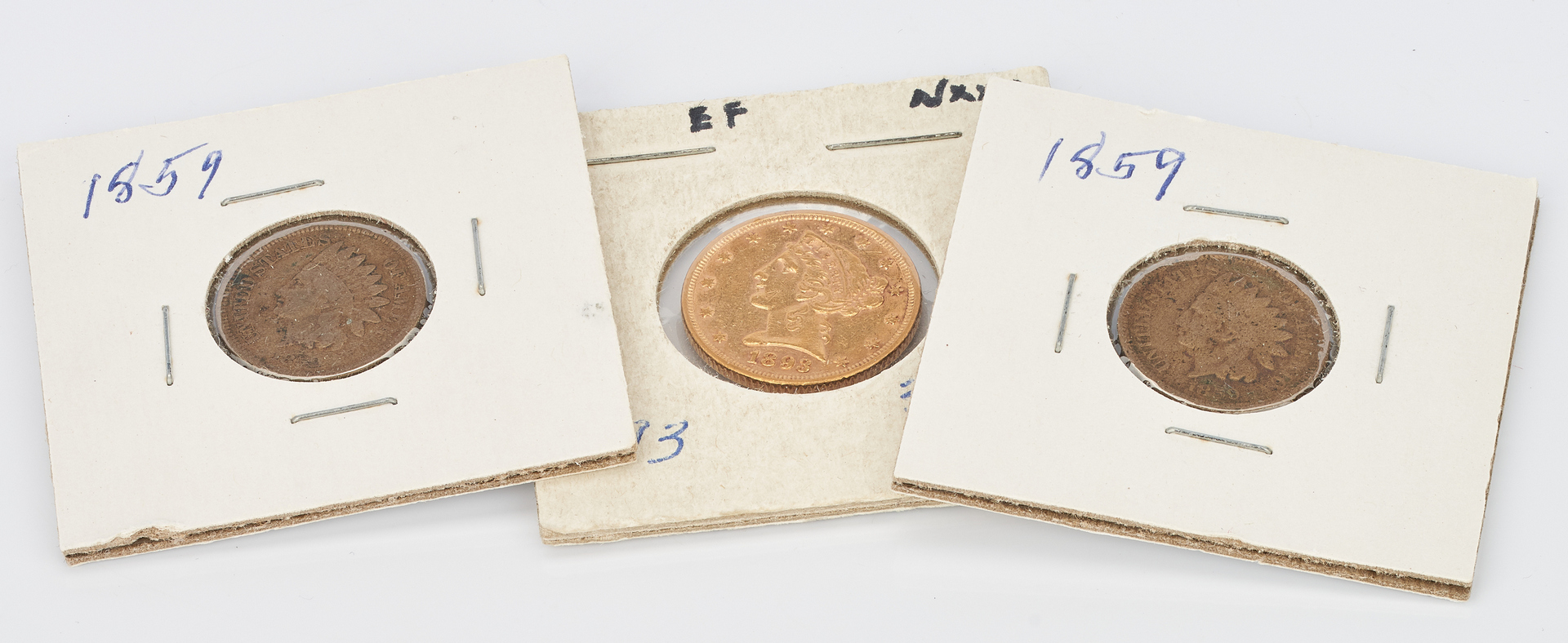 Lot 1003:  1893 $5 Liberty Gold Coin & 2 1859 Indian Head Pennies