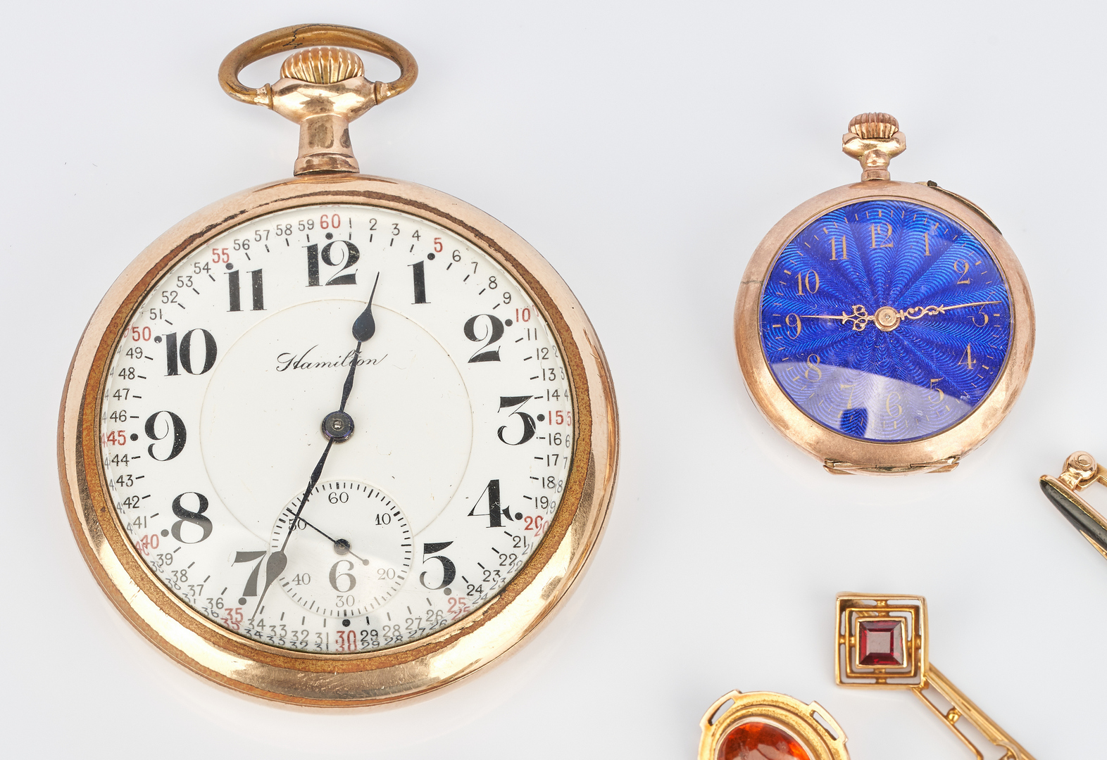 Lot 1008: 4 14K Pins & 2 Pocketwatches, incl. Railway Watch