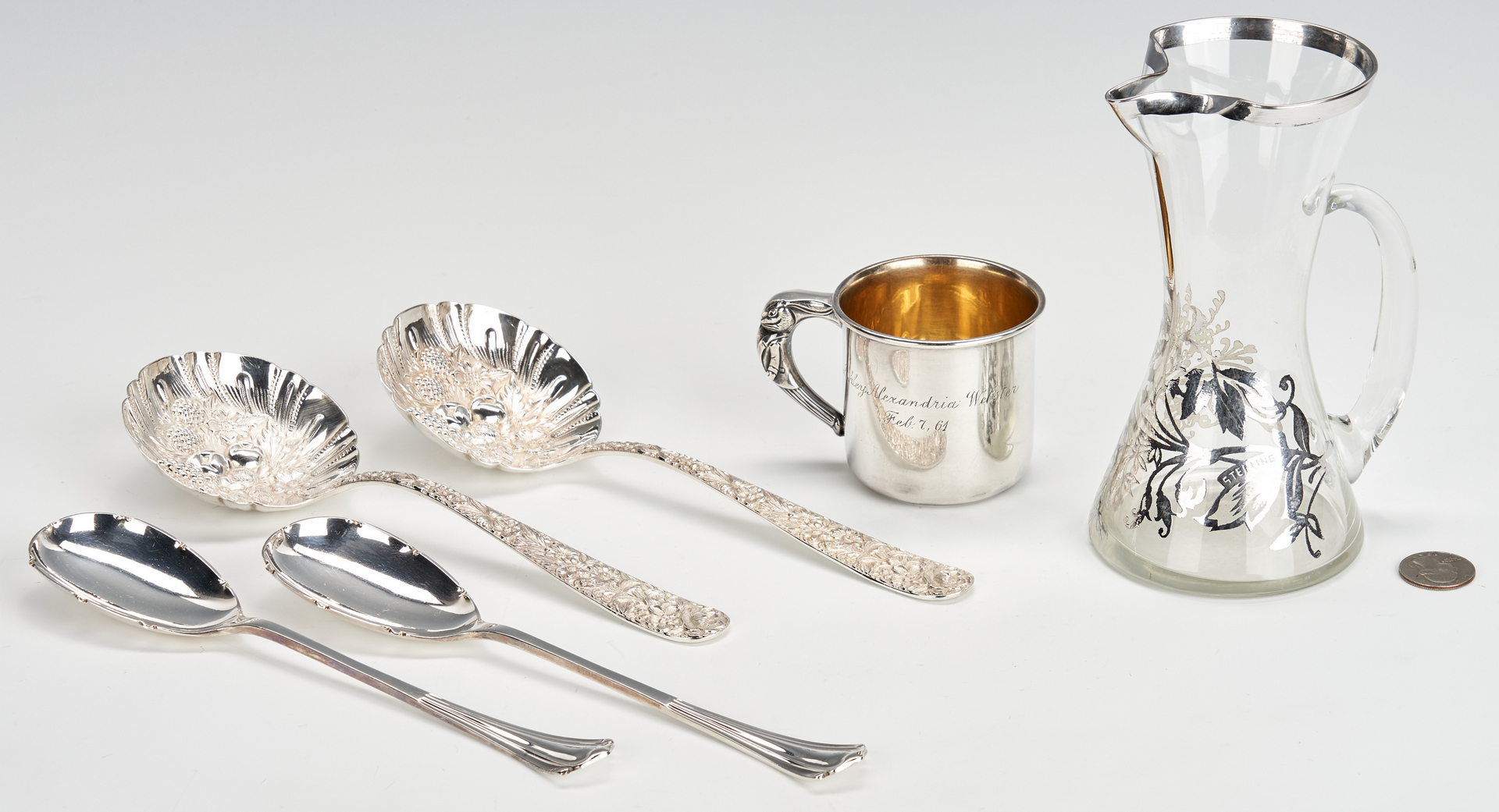 Lot 1043: 6 Pcs. Sterling Silver, incl. Kirk Repousse, overlay pitcher