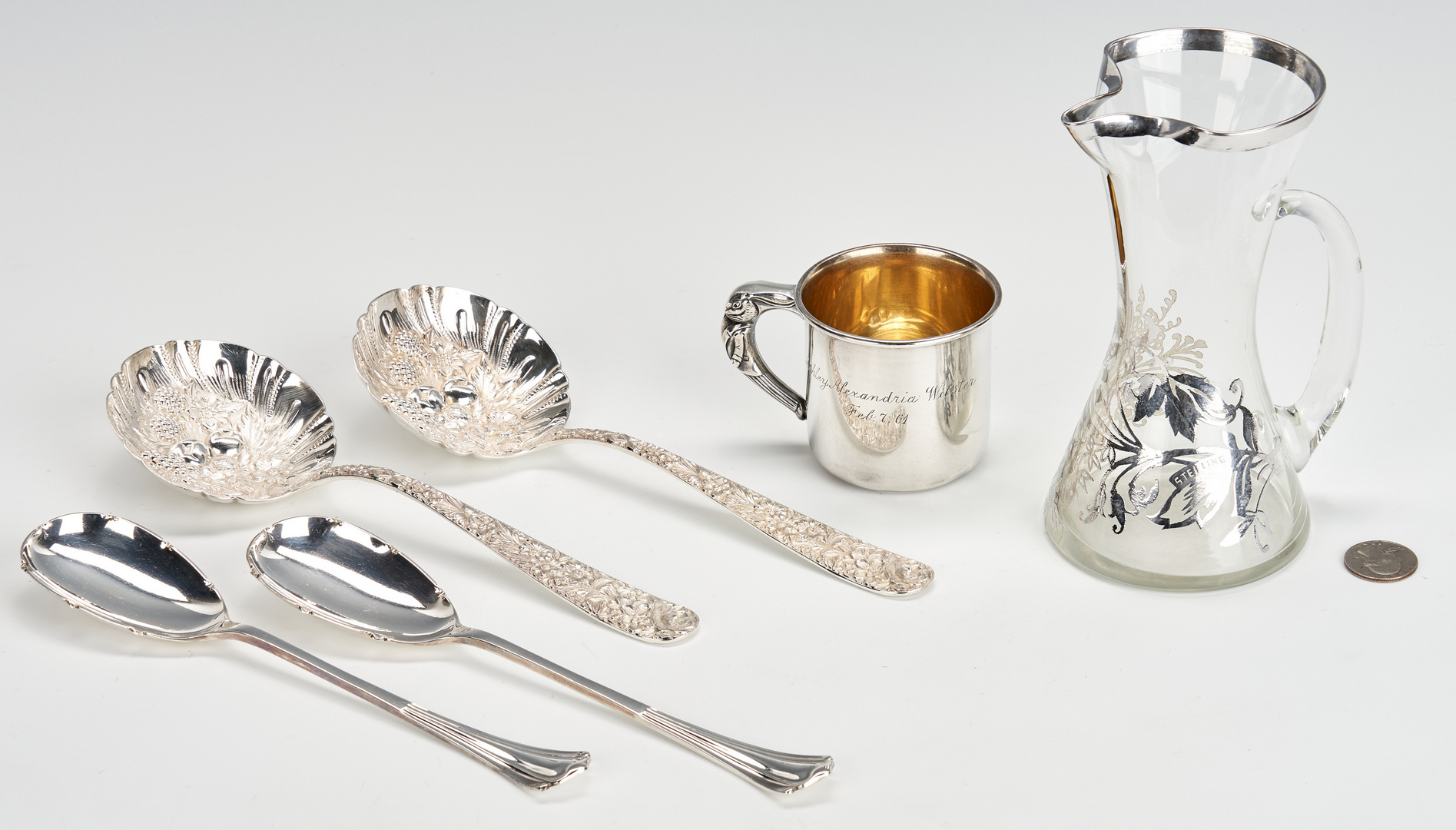 Lot 1043: 6 Pcs. Sterling Silver, incl. Kirk Repousse, overlay pitcher