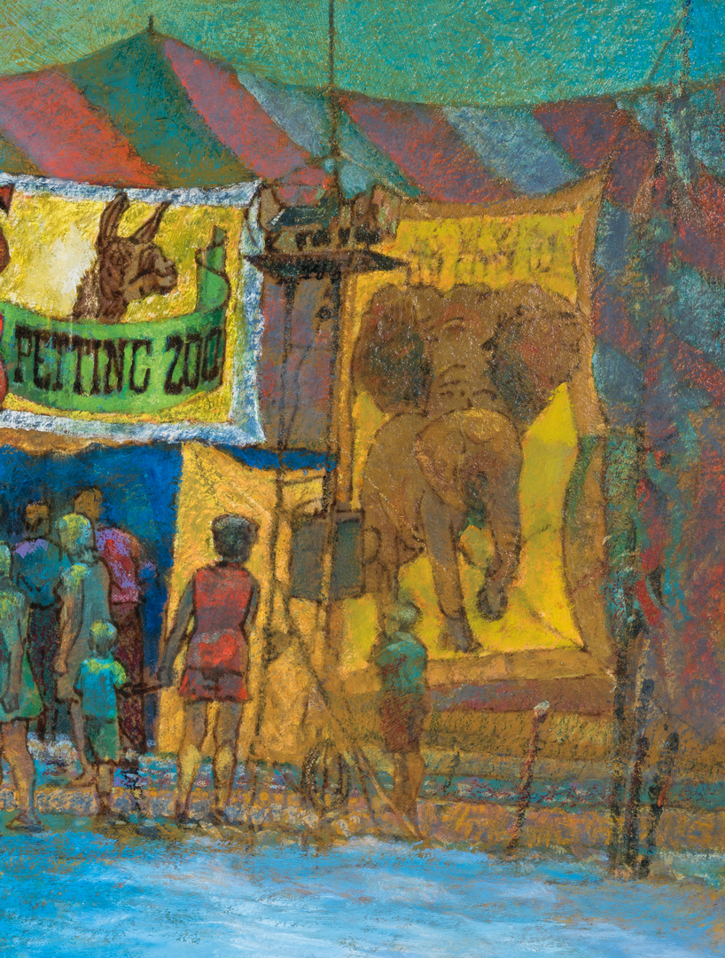 Lot 1056: John Poti O/B Circus Painting, "After the Rain"