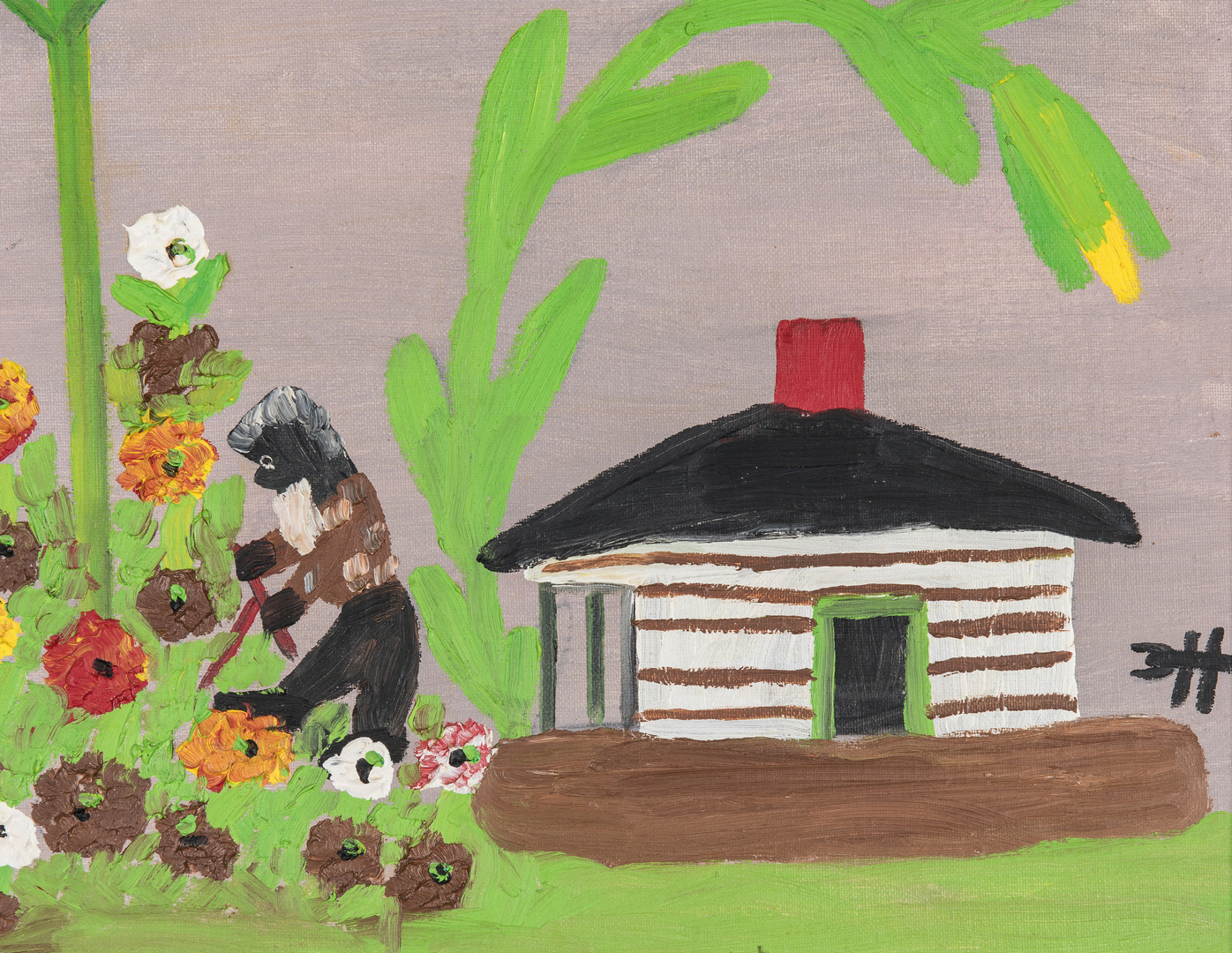 Lot 121: Clementine Hunter O/B, Picking Flowers or Uncle Tom's Cabin