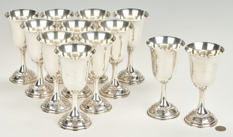 Lot 242: 12 Wallace Rose Point Sterling Silver Water Goblets