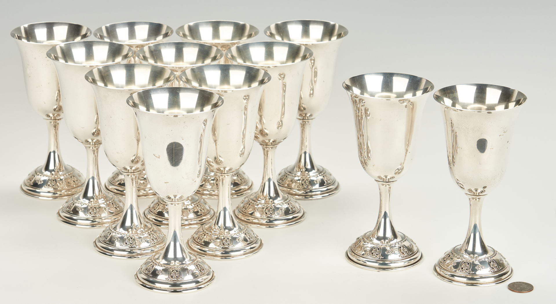Lot 242: 12 Wallace Rose Point Sterling Silver Water Goblets