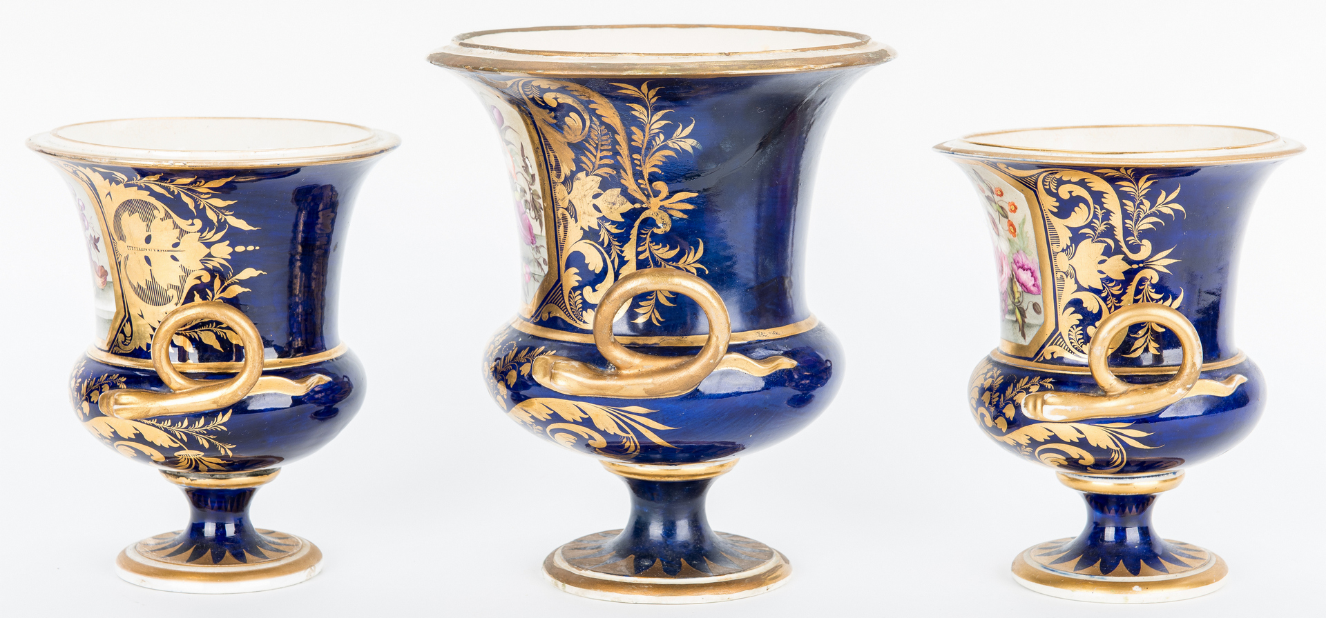 Lot 252: 3 Derby Porcelain Urns w/ Cobalt Decoration