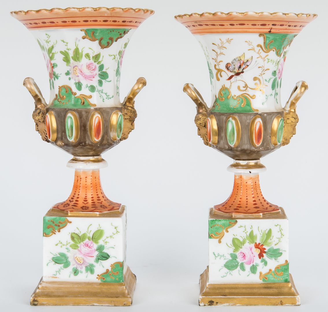 Lot 253: Pr. French Porcelain Urns w/ Mask Handles & English Ironstone Plates, 6 items