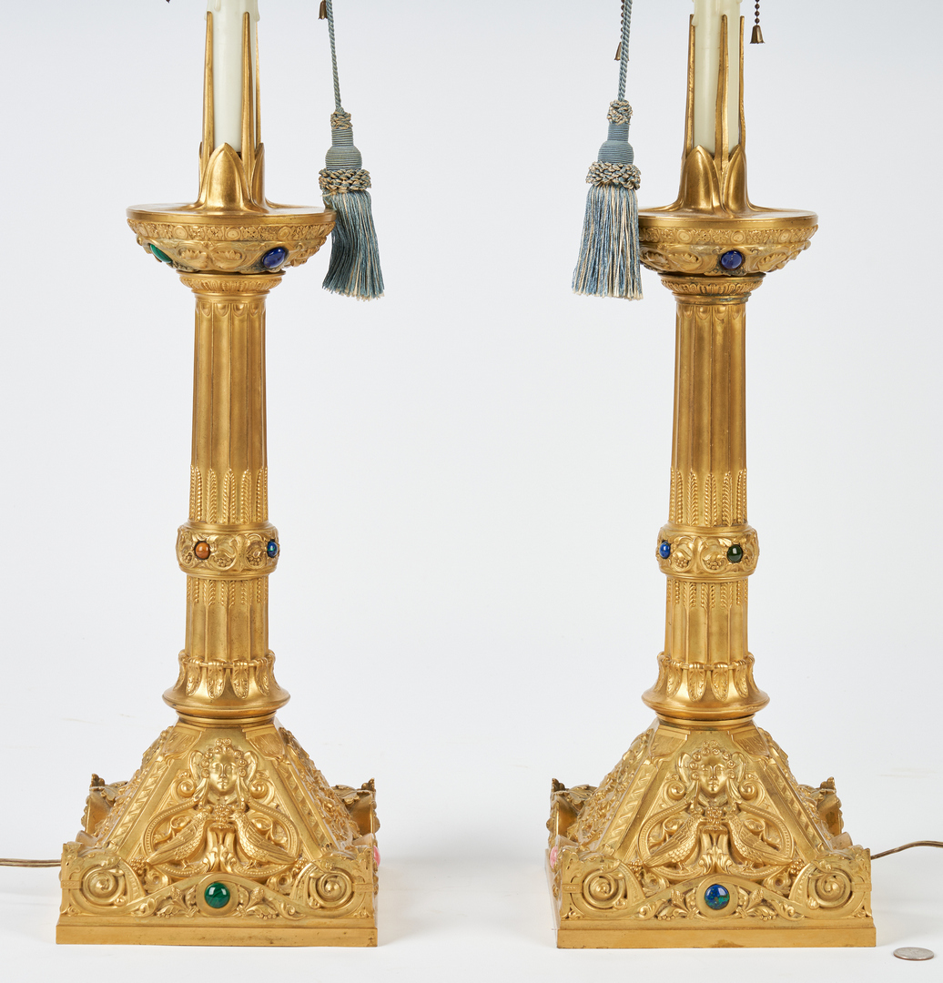 Lot 313: Pr Jeweled Gilt Bronze Candlestick Lamps