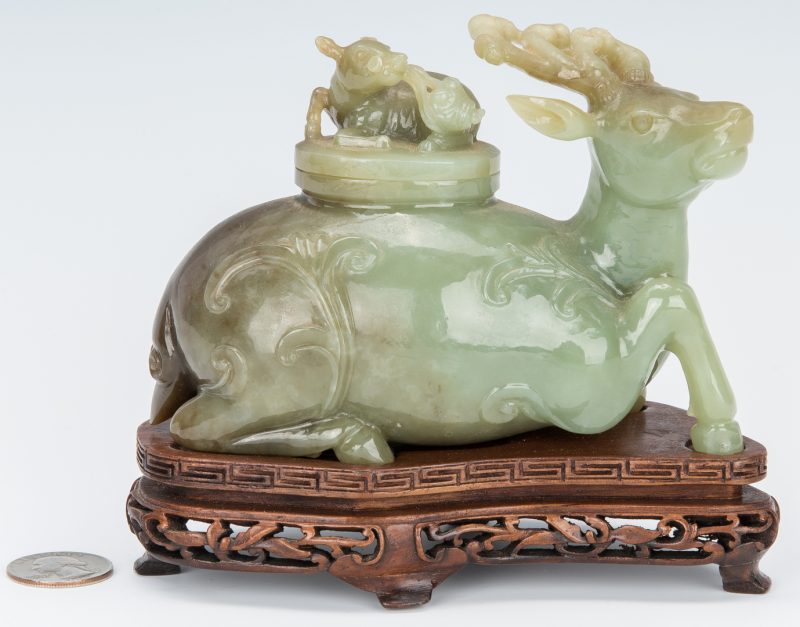 Lot 321: Chinese Jade Carved Figural Box, Deer w/ Deer Top