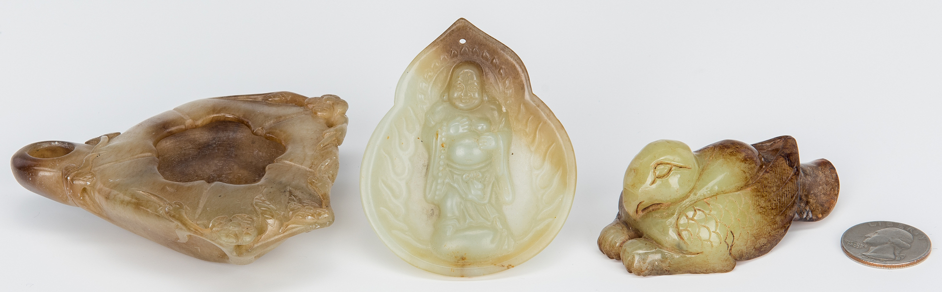 Lot 324: 3 Chinese Jade Items, incl. Buddha, Brush Pot & Bird