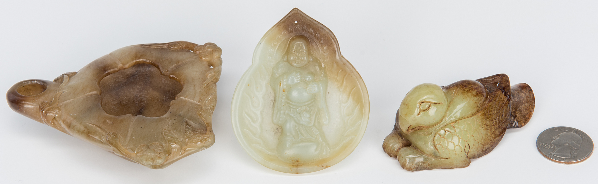 Lot 324: 3 Chinese Jade Items, incl. Buddha, Brush Pot & Bird