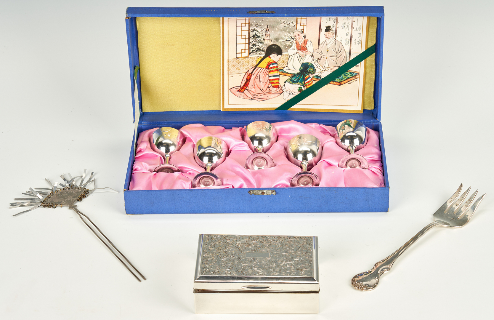 Lot 330: Asian silver box plus sake set, hairpin and fork
