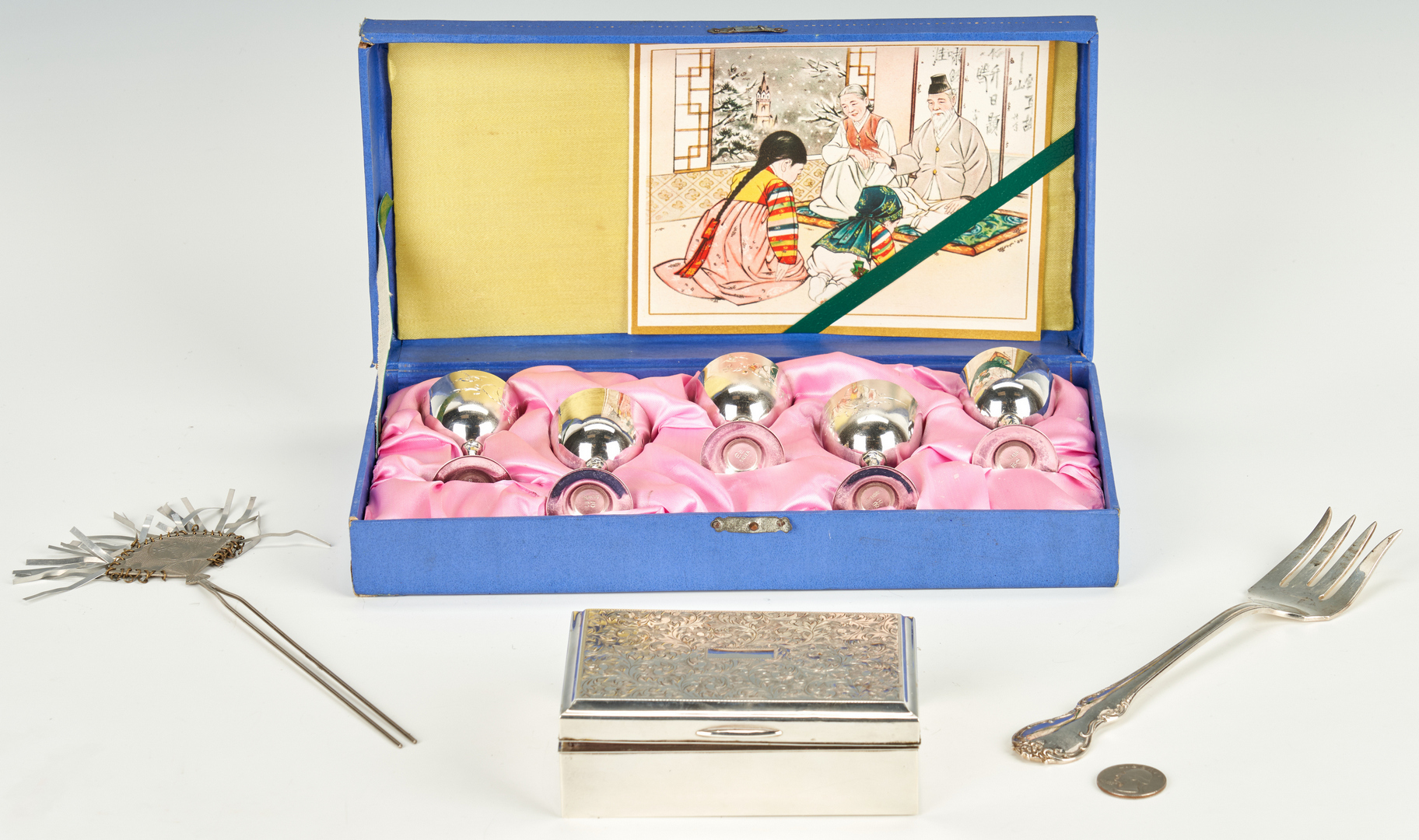 Lot 330: Asian silver box plus sake set, hairpin and fork