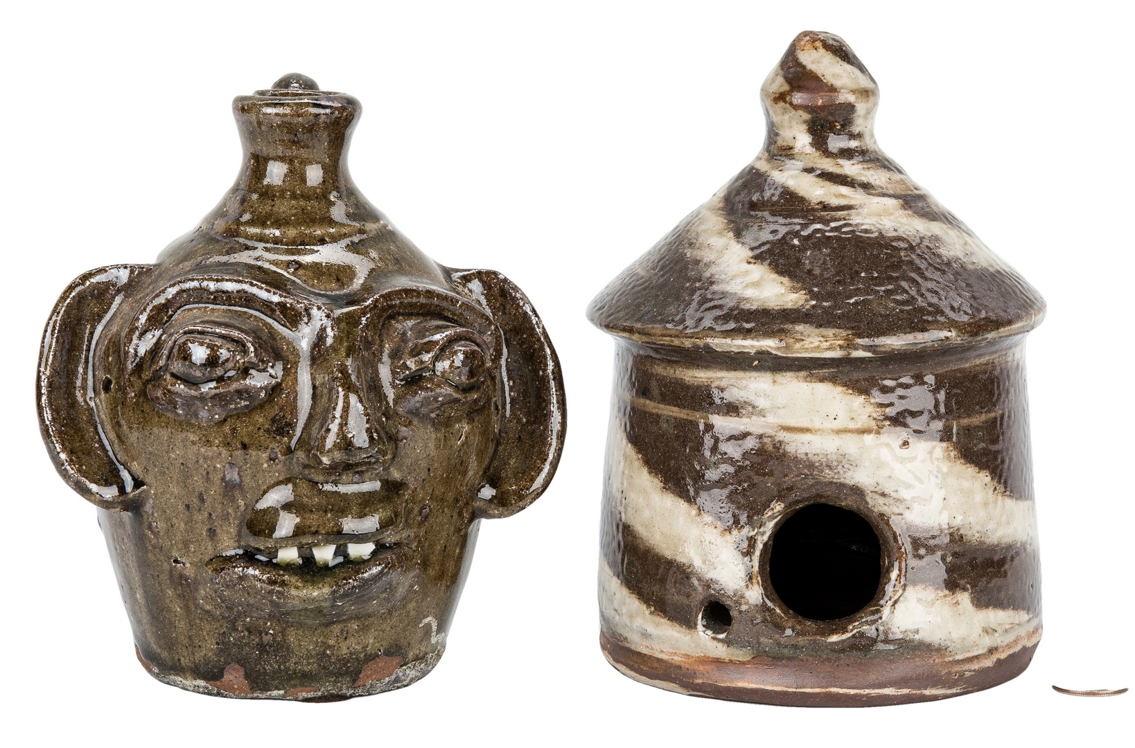 Lot 397: 2 NC Burlon Craig Folk Pottery Items, Face Jug & Bird House
