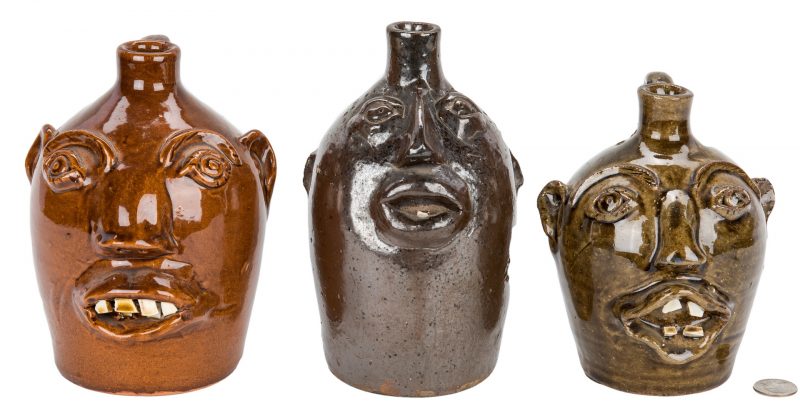 Lot 398: 3 Brown's Pottery, NC Face Jugs, incl. Early Face Jug