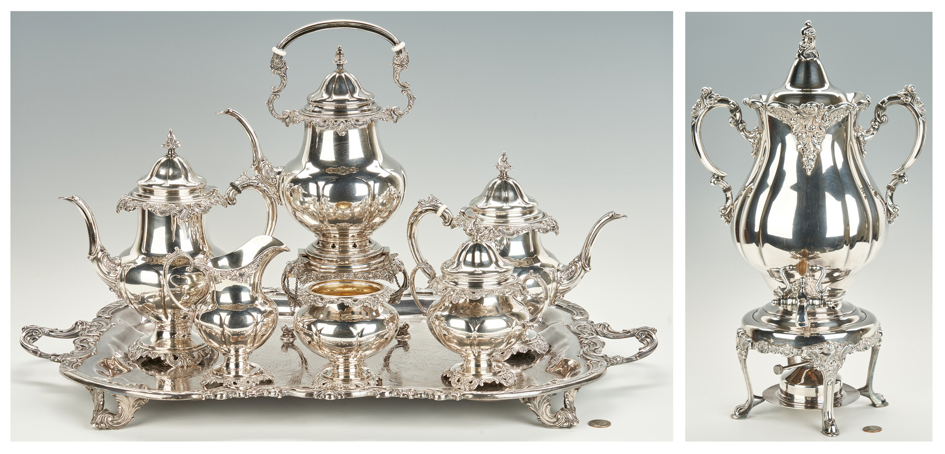 Lot 45: Wallace Grand Baroque Sterling Tea Set plus Urn, Tray