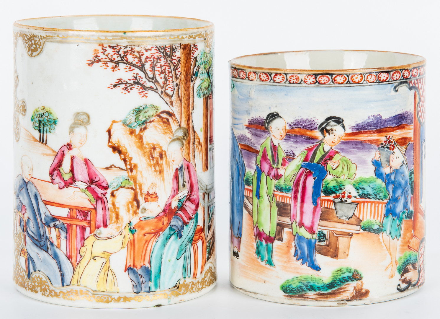 Lot 460: Pr. Chinoserie Porcelain Figures & Export Mugs