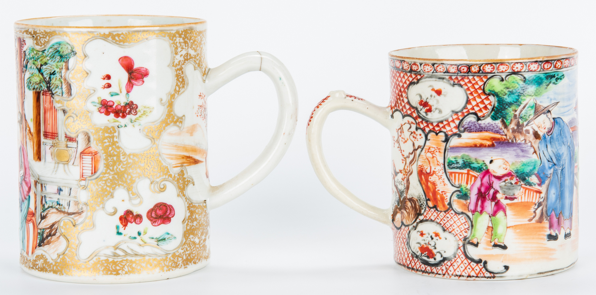 Lot 460: Pr. Chinoserie Porcelain Figures & Export Mugs