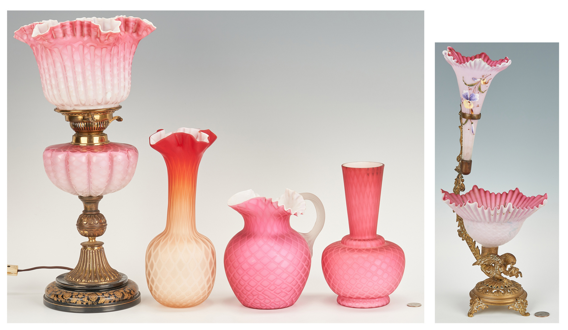 Lot 464: 5 Art Glass/Satin Glass Items, incl. Epergne, Lamp, Pitcher, Vases