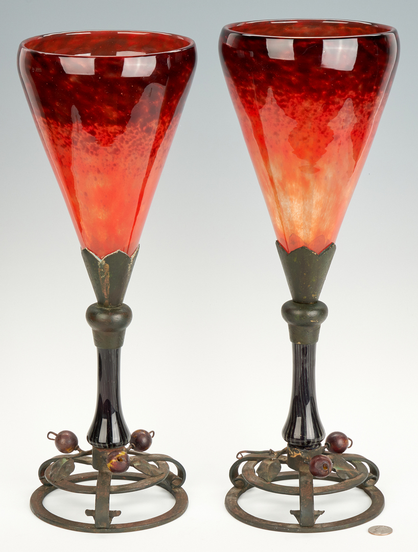 Lot 474: Pair Schneider Art Glass Vases with Bronze Bases