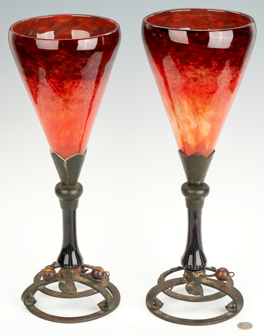 Lot 474: Pair Schneider Art Glass Vases with Bronze Bases