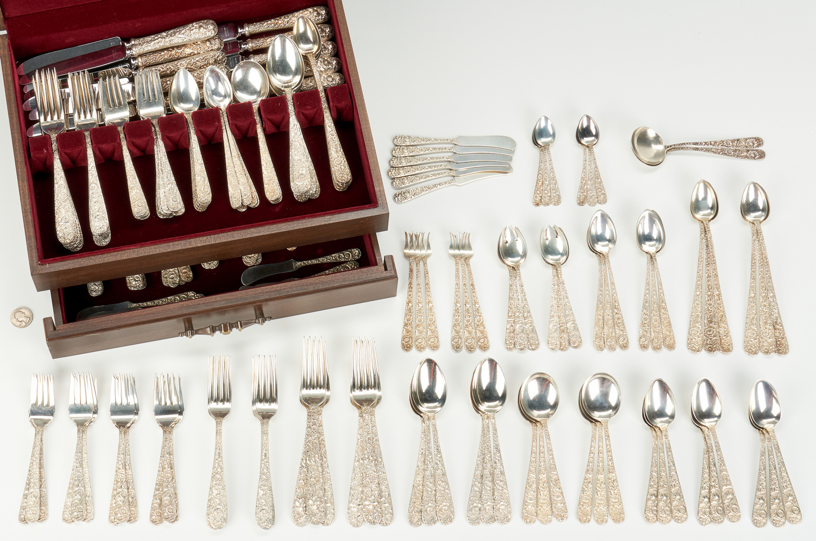 Lot 47: Kirk Repousse Flatware, Service for 12 with Extras