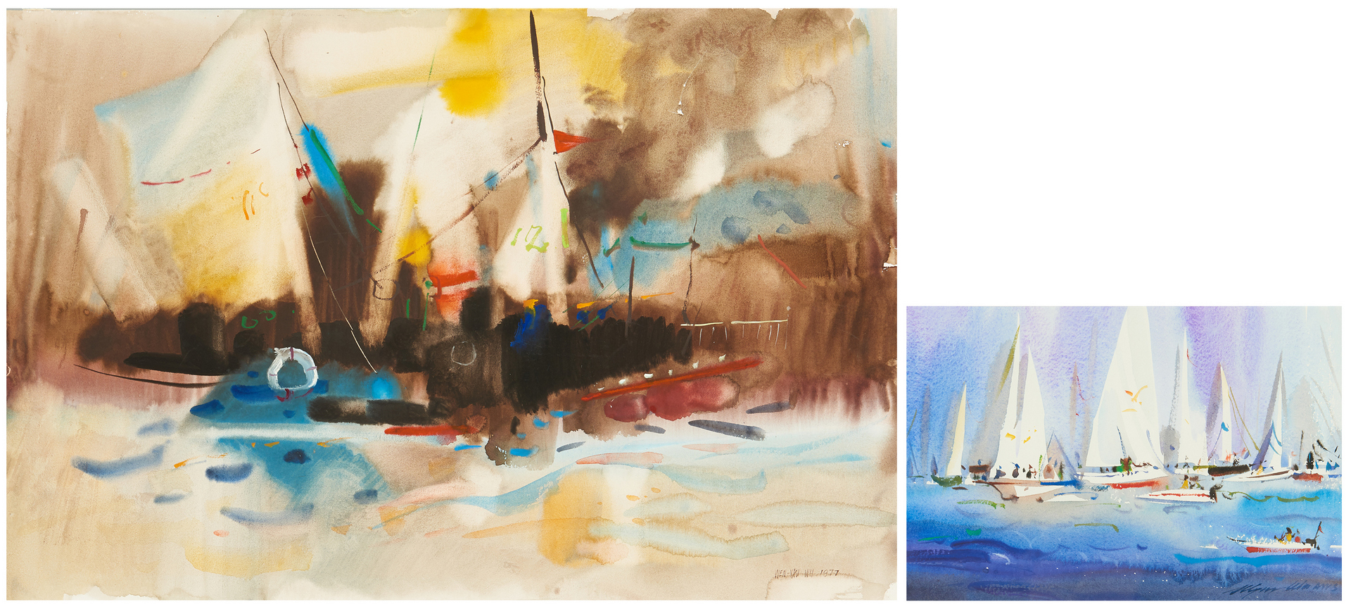 Lot 542: 2 Wayne Wu Abstract Maritime Watercolor Paintings