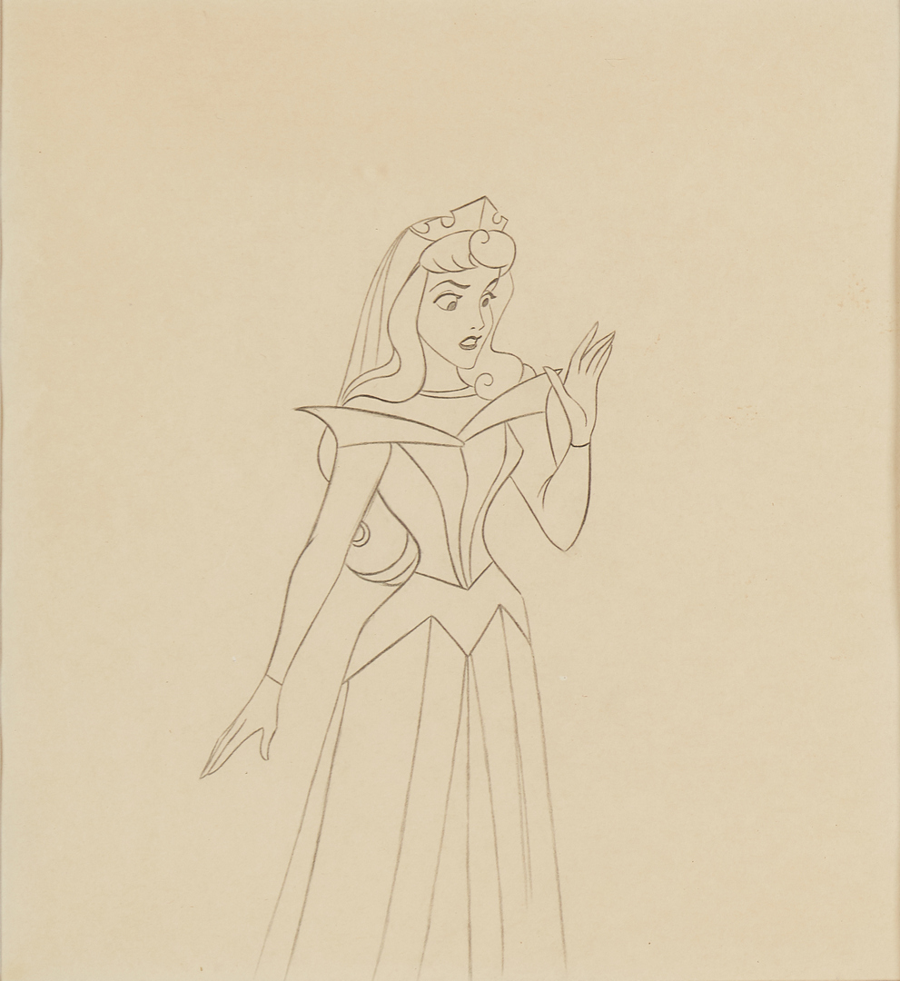 Lot 558: Sleeping Beauty Cel and 2 Drawings, Framed Together