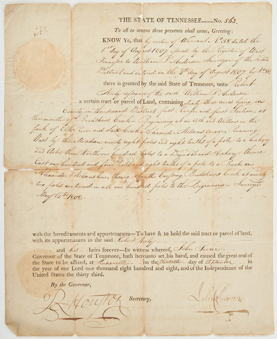 Lot 594: John Sevier Signed Land Grant, Maury Co. interest