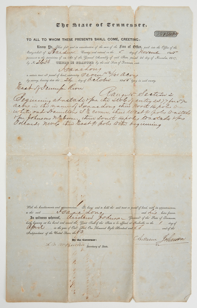 Lot 605: Andrew Johnson Signed Land Grant