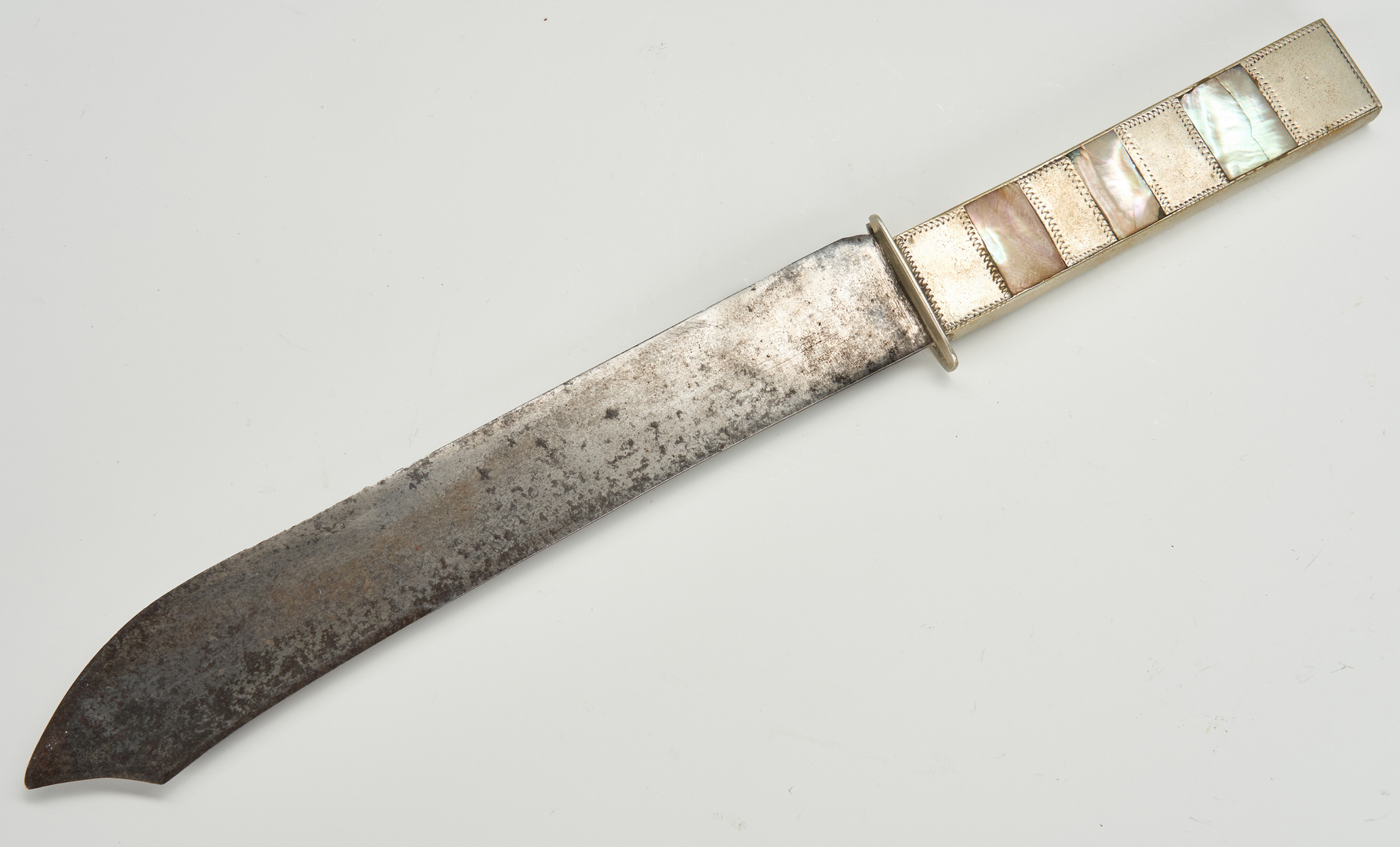 Lot 612: Abalone Handle Knife with Leather Sheath, with provenance