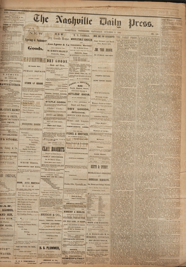 Lot 623: Collection of Nashville Civil War Newspapers, Jan-Feb to Sept-Dec 1864