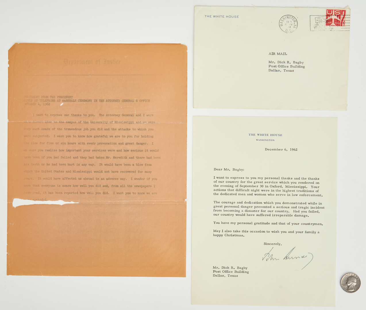 Lot 639: JFK and RFK Letters & Archive, U.S. Marshal Dick Bagby