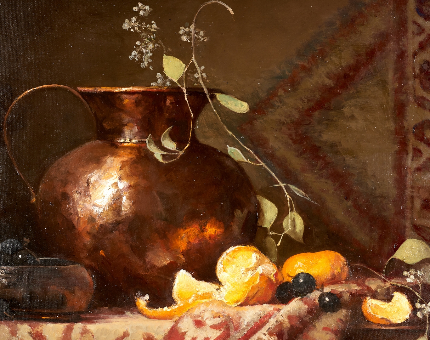 Lot 682: Eleanor Moore, Still Life With Copper Pot and Oriental Carpet