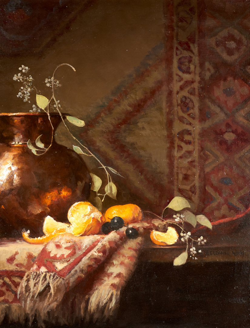 Lot 682: Eleanor Moore, Still Life With Copper Pot and Oriental Carpet