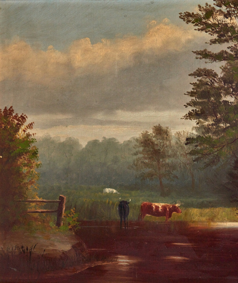 Lot 689: 2 American School Landscape Paintings, Cattle & Dogs