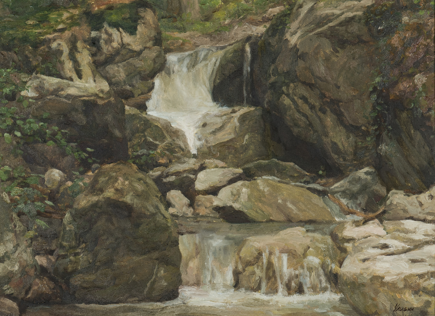 Lot 694: Gennady Ulybin O/C Painting, Forest Waterfall Landscape