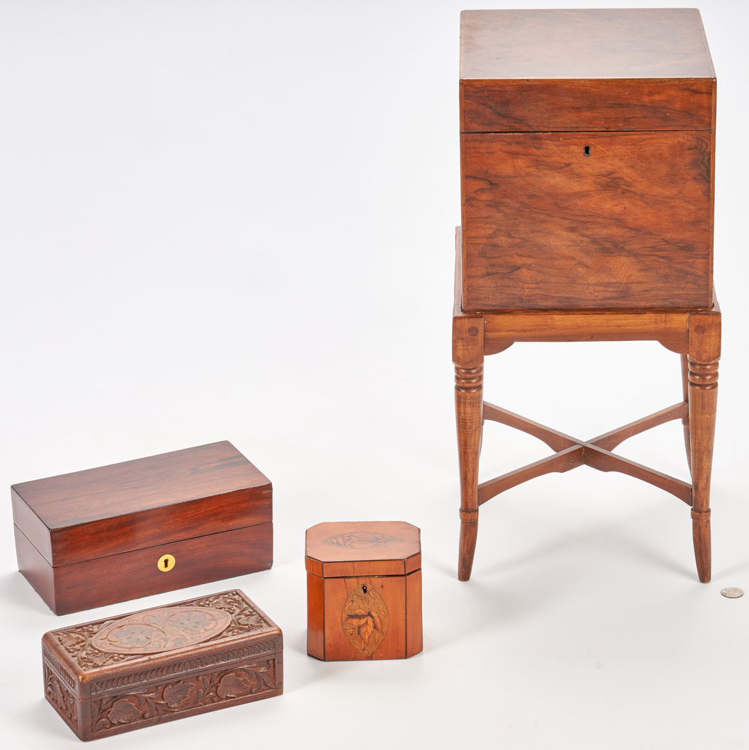 Lot 697: Rosewood Tea Chest plus 3 small boxes