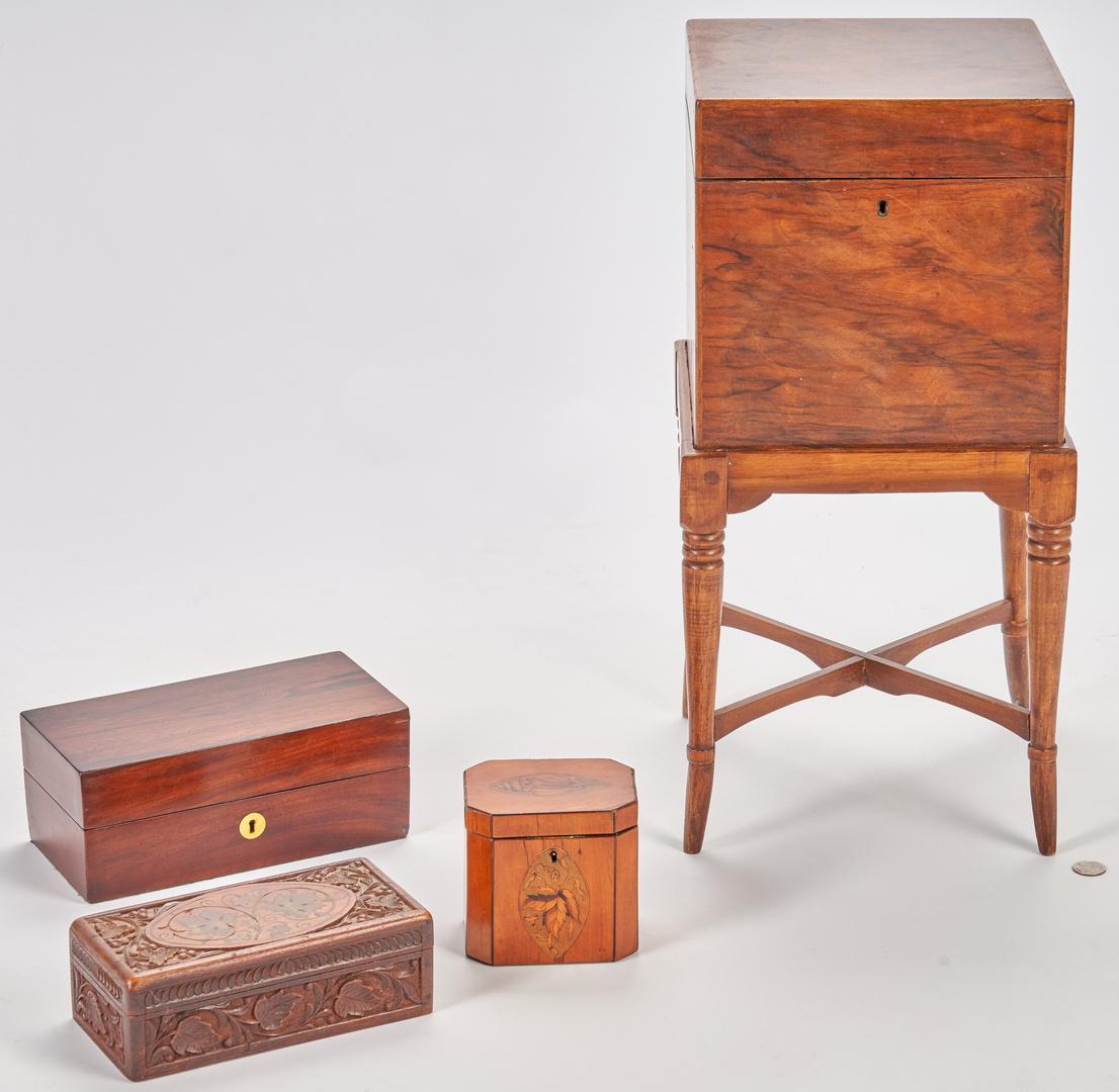 Lot 697: Rosewood Tea Chest plus 3 small boxes